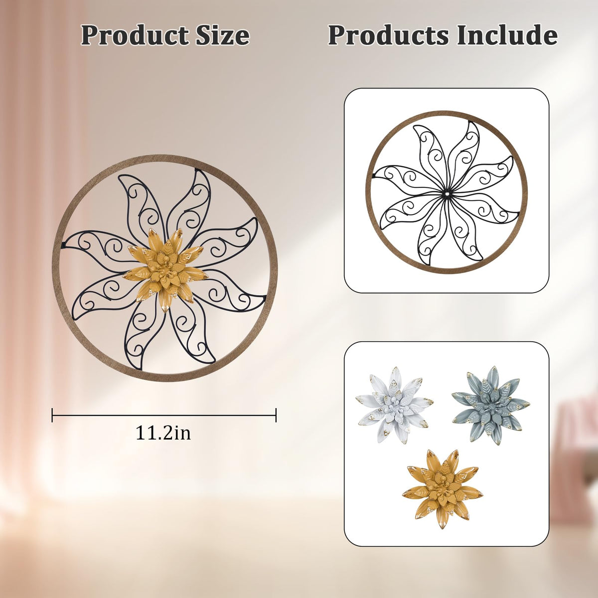 hogardeck Metal Flower Wall Decor - 11" Metal Wood Floral with 3 pcs Interchangeable Flowers Wall Decoration for Bedroom, Living Room, Bathroom, Kitchen, Outdoor Wall Art