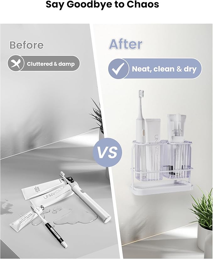 KONE Clear Toothbrush Holders for Bathroom, 2 Cups Wall Mounted, Dry & Wet