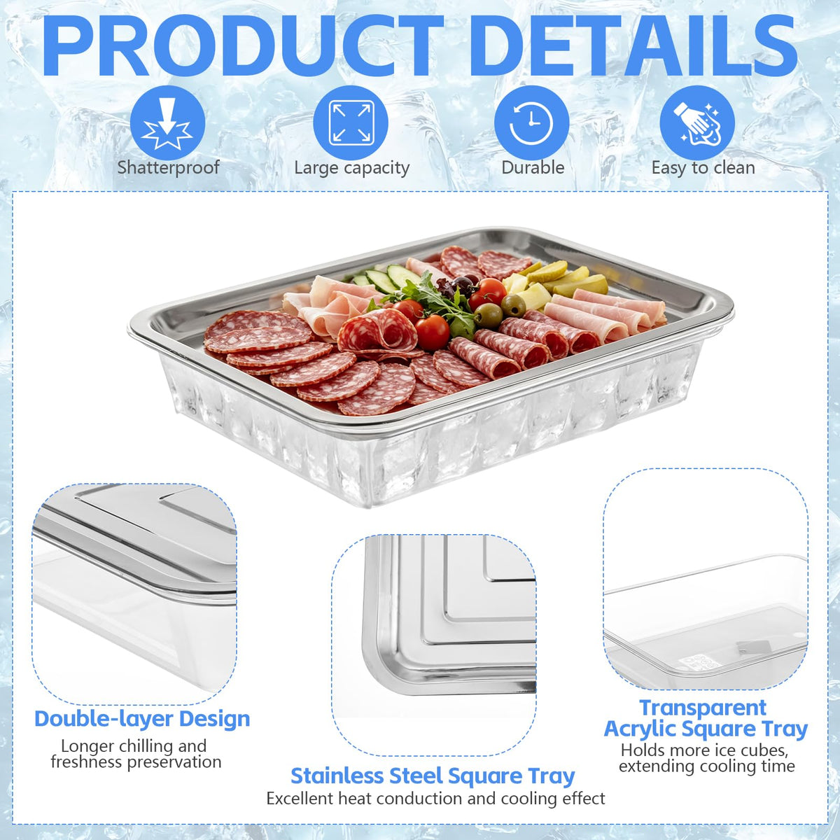 3 Set 14.2 Inch Chilled Serving Trays for Parties, Shrimp Cocktail Serving Dish with Compartments, Stainless Steel Ice Chilled Party Cooling Charcuterie Serving Board for Fruit Veggies Shrimp Cocktail