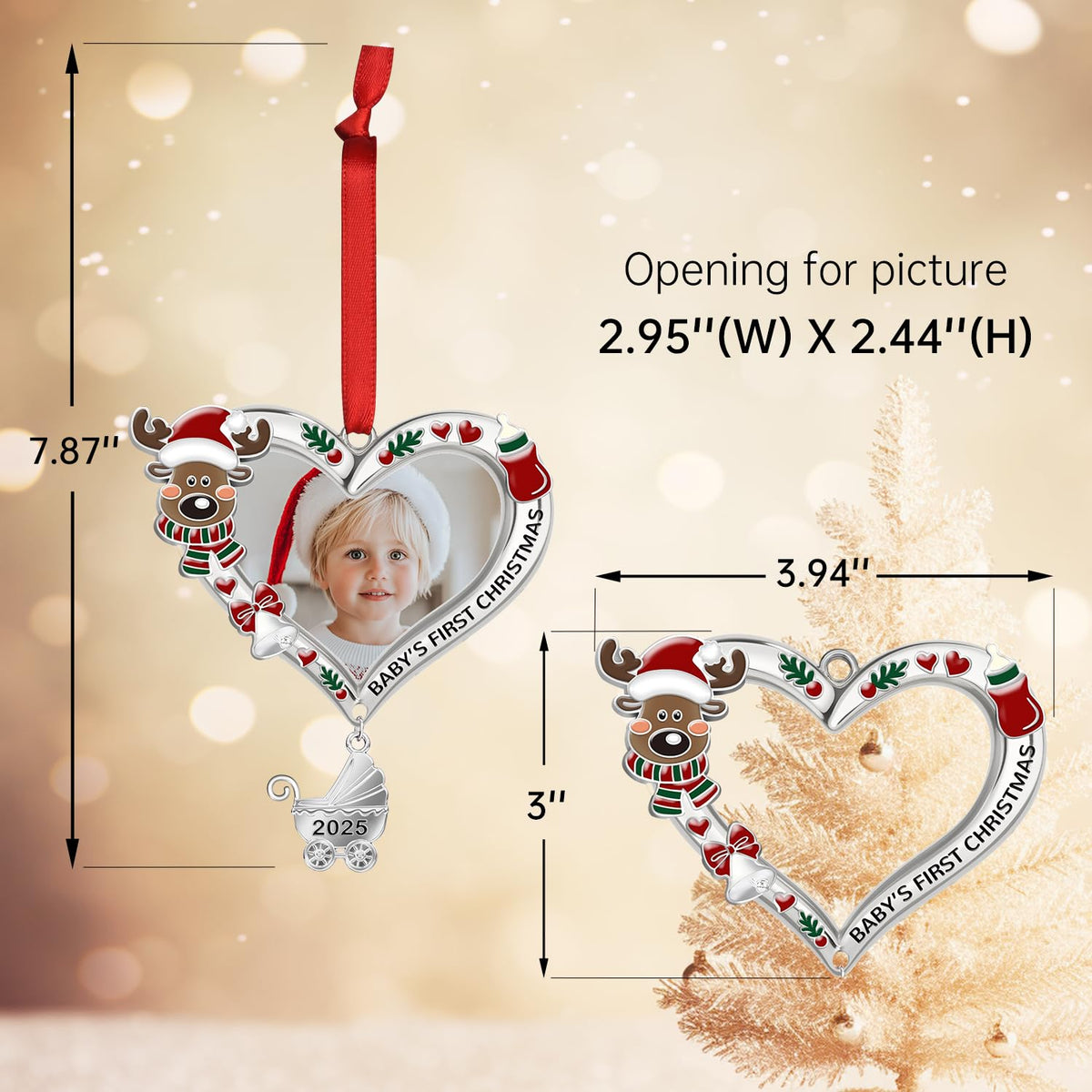 Baby's First Christmas Ornament 2025 – My First Christmas Baby Girl Boy Xmas Tree Picture Frame Reindeer Ornament 2025 – Personalized 1st Christmas Baby Ornament