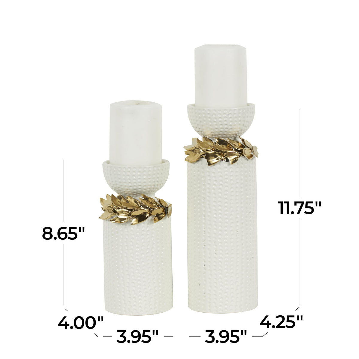Deco 79 Ceramic Decorative Candle Holder Candle Stand with Abstract Spotted Pattern and Gold Leaf Accents, Set of 2 Candlestick Holder 12", 9" H, White