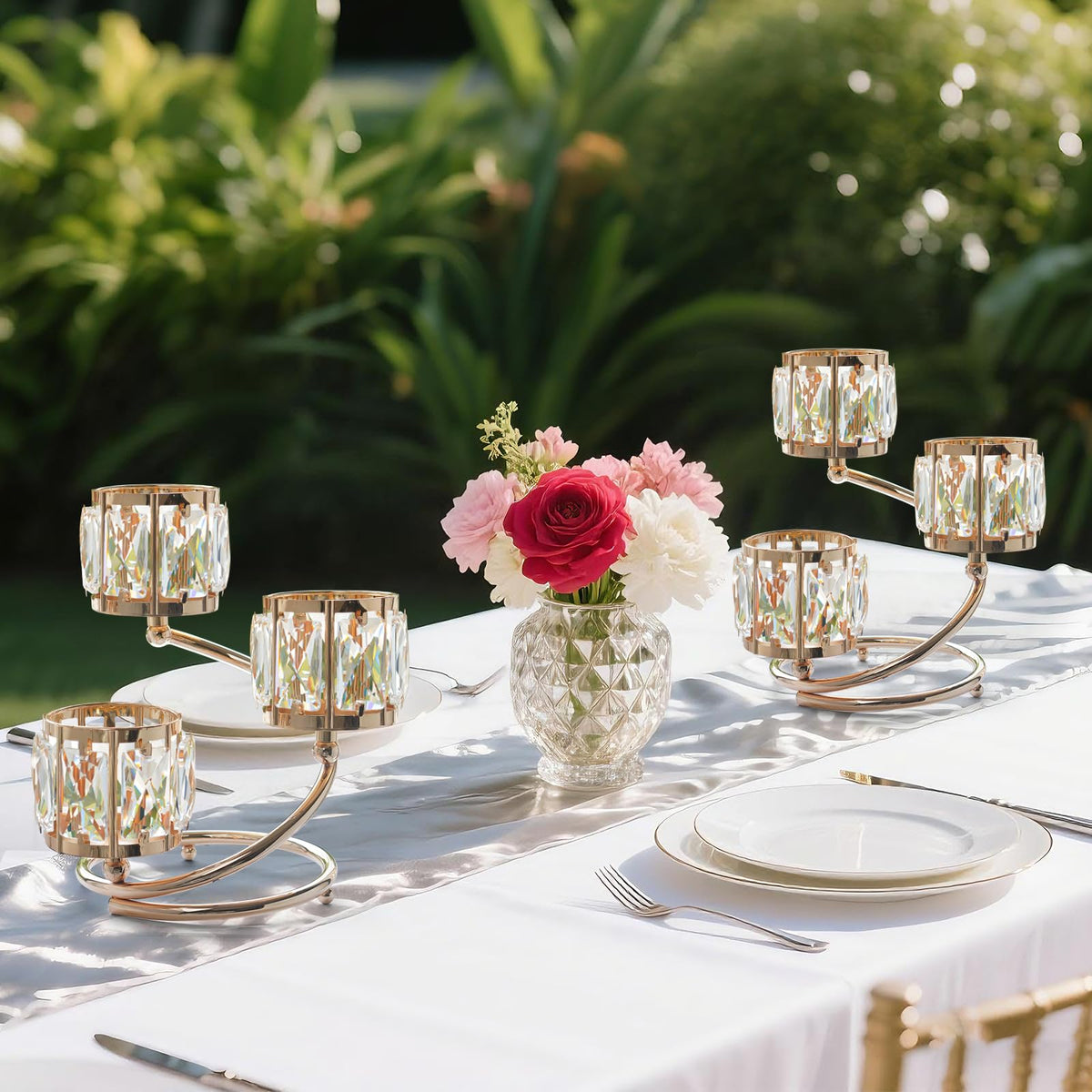 Metal 3 Arm Crystal Candle Holder - Tea Light Centerpiece Candle Holder, Votive Holder with Sparkling Crystal Bowl, Suitable for Wedding, Table Centerpiece, Home Decor (1, 3 arm-Gold)