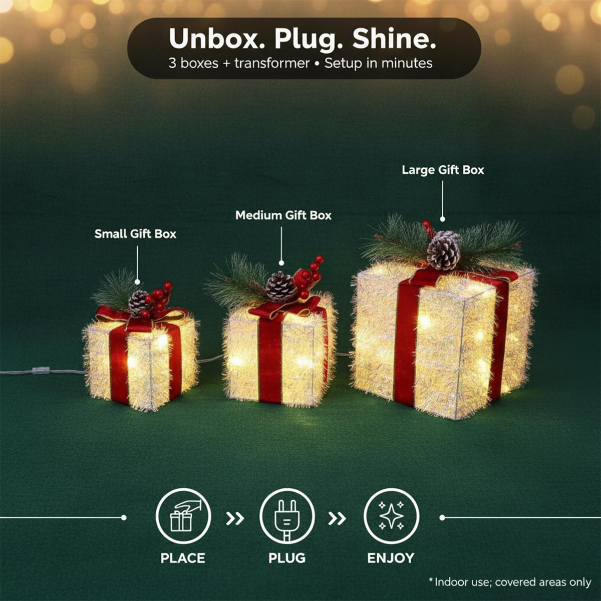 Fulong's Opulent Christmas Lighted Gift Boxes Decor Set of Three Pre-lit LED Presents | Warm White Garden, Porch, Room Decor & Tree Skirt Ornaments | Indoor 60 Lights Set