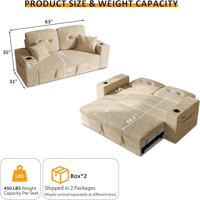 63 Inch Sleeper Sofa Bed, 3 in 1 Pull Out Couch Bed