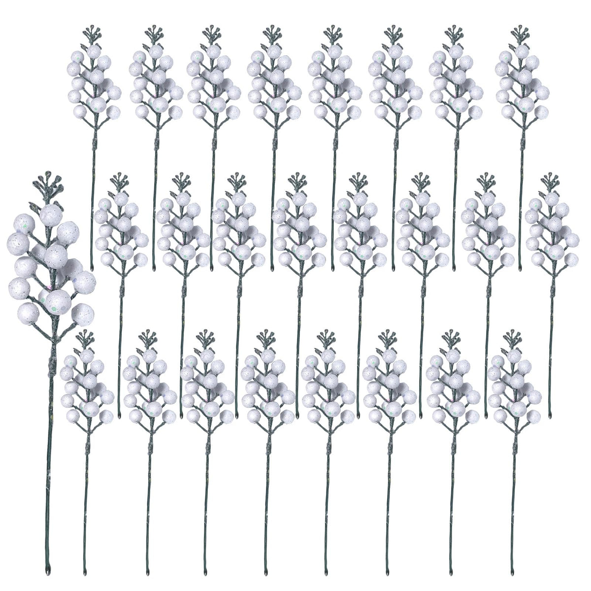 Uabwim 24Pack Christmas Picks Glitter Berries Stems Artificial White Berry Branches Holly Picks Stems Christmas Tree Ornaments for DIY Xmas Wreath Crafts Gifts Holiday Home Decor (White)
