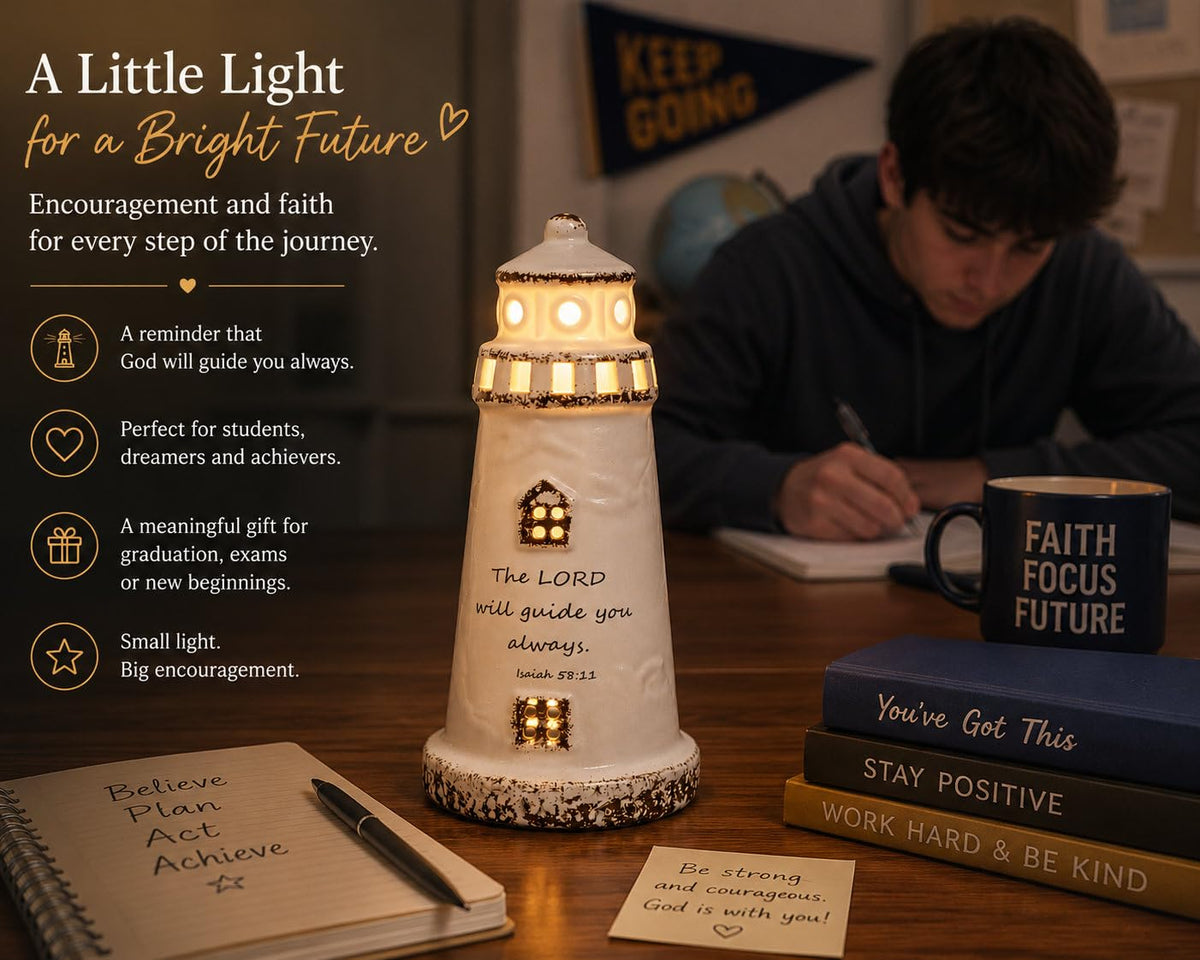 DAILYBREAD Christian Lighthouse Lamp – Small Ceramic Night Light with Bible Verse, Inspirational Faith Gift for Kids, Students,Baptism,Birthday,Journey,Warm Light Up Decor for Bed Room or Desk 5" H