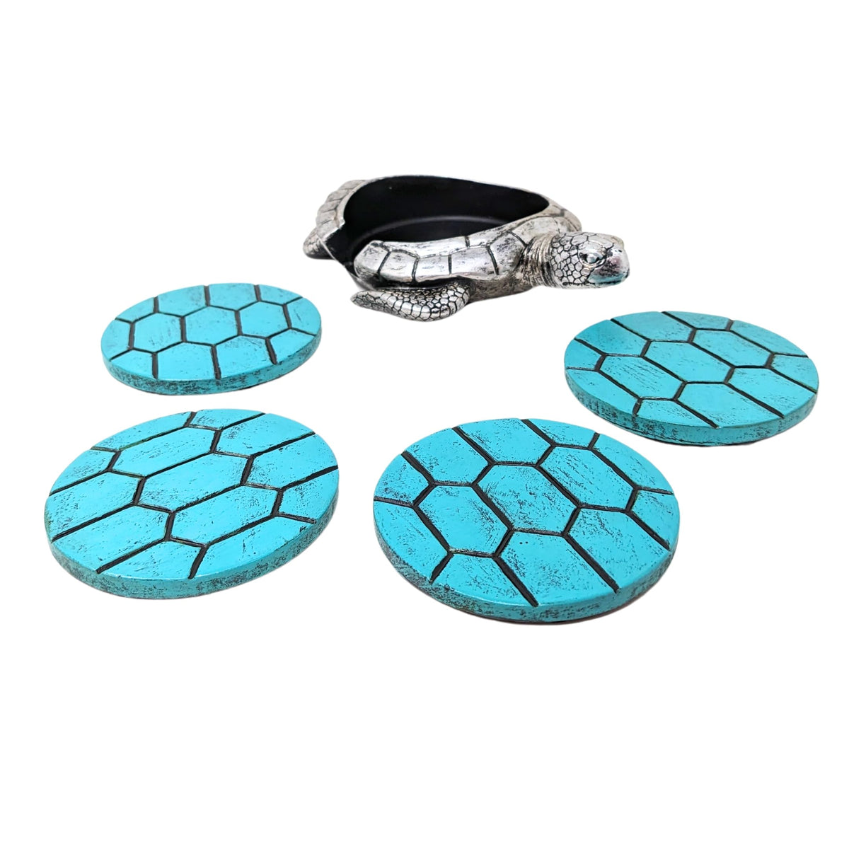 Sea Turtle Coaster Set with Holder – 4 Nautical, Ocean, and Tropical Silver & Turquoise Resin Coasters – Coastal Beach Home, Bar, Kitchen, or Dining Room Décor – Ideal Gift for Sea Life Lovers