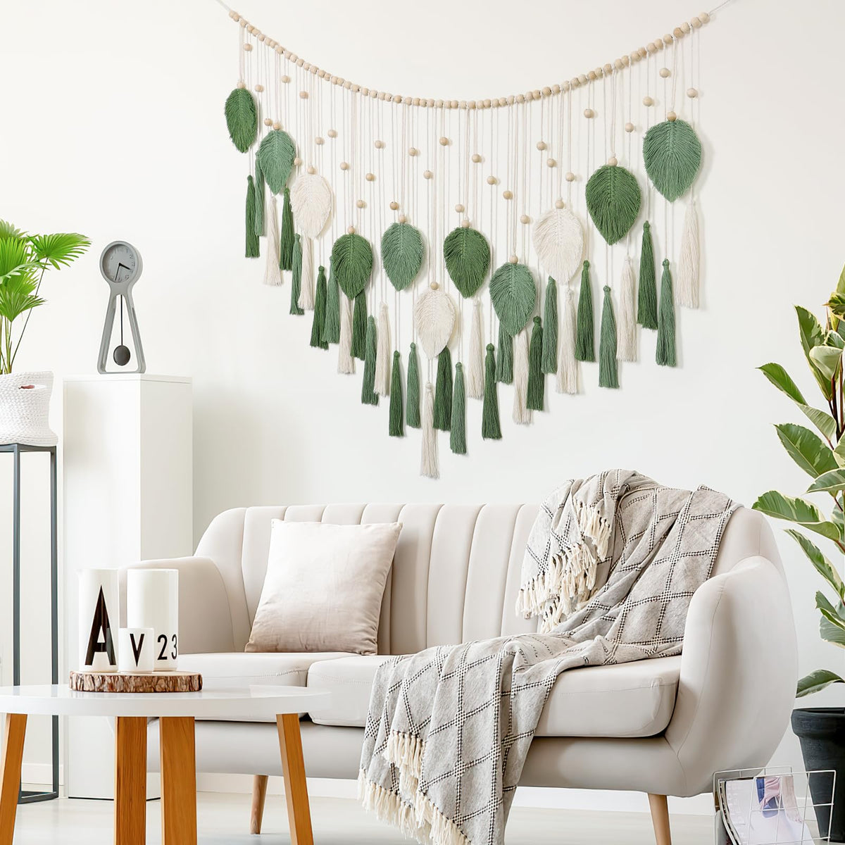 Betylifoy Large Macrame Wall Hanging Boho Handmade Woven Tapestry with Wood Beads Beige Green Chic Leaf Feather Boho Wall Art Decor Macrame Tapestry Wall Decor for Bedroom Living Room Nursery Apartment 51.2"W X 31.5"L