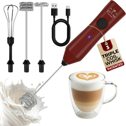 Zulay Kitchen Rechargeable Milk Frother - 3 Speeds & 3 Whisk Attachments - USB Charging for Lattes & Cappuccinos - Red/Black