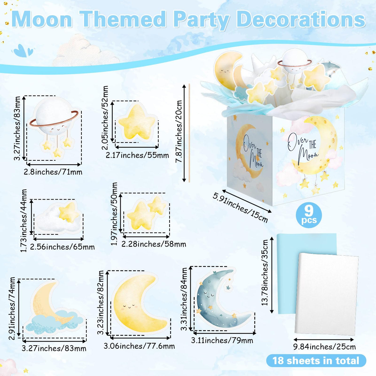 Spiareal 9 Set Moon Themed Party Decorations Moon Themed Table Centerpieces with Boxes Star Cloud Cutouts Toppers Wooden Sticks and Tissue Paper Baby Shower Gender Reveal Party Table Decor