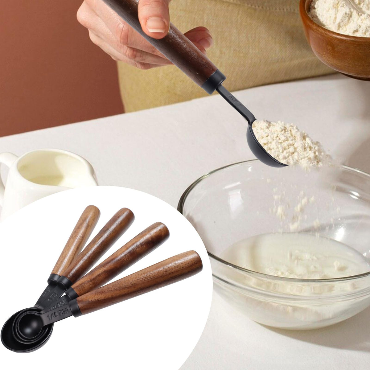 Mewutal Set of 4 Measuring Spoons Black Measuring Scoops with Wooden Handle Stainless Steel Measuring Spoons Set for Kitchen Flour Spice Seasoning Measurement (15ml+5ml+2.5ml+1.25ml)