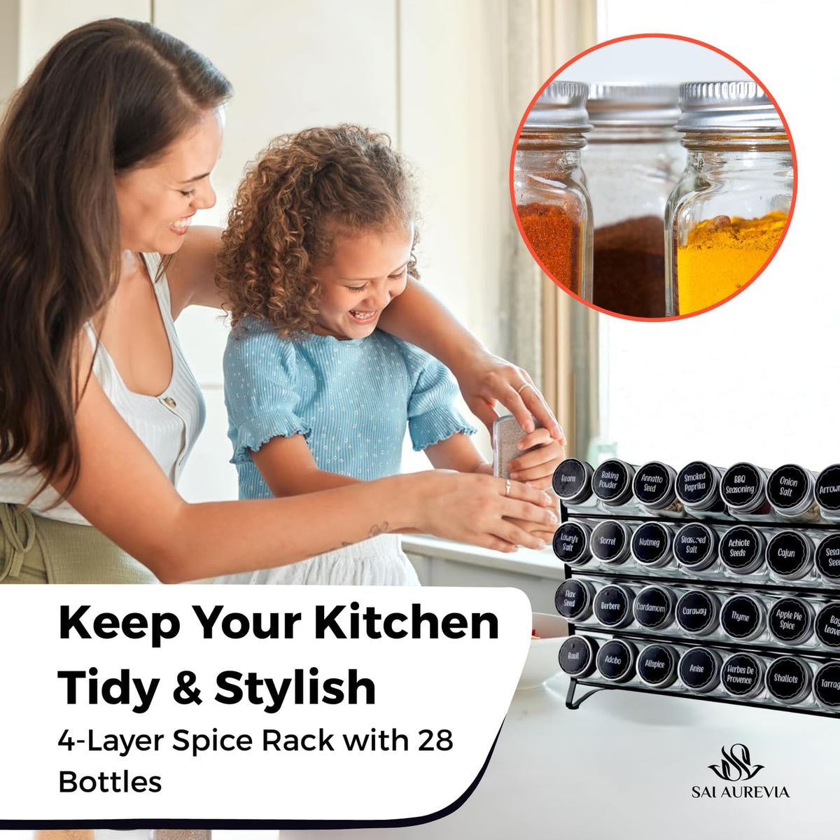 SAI AUREVIA - 28-Jar Spice Rack Organizer with 4-Tier Metal Stand | Complete Set with Glass Jars, Labels & Funnel | Space-Saving Kitchen Spice Storage (Wall or Countertop Mount)