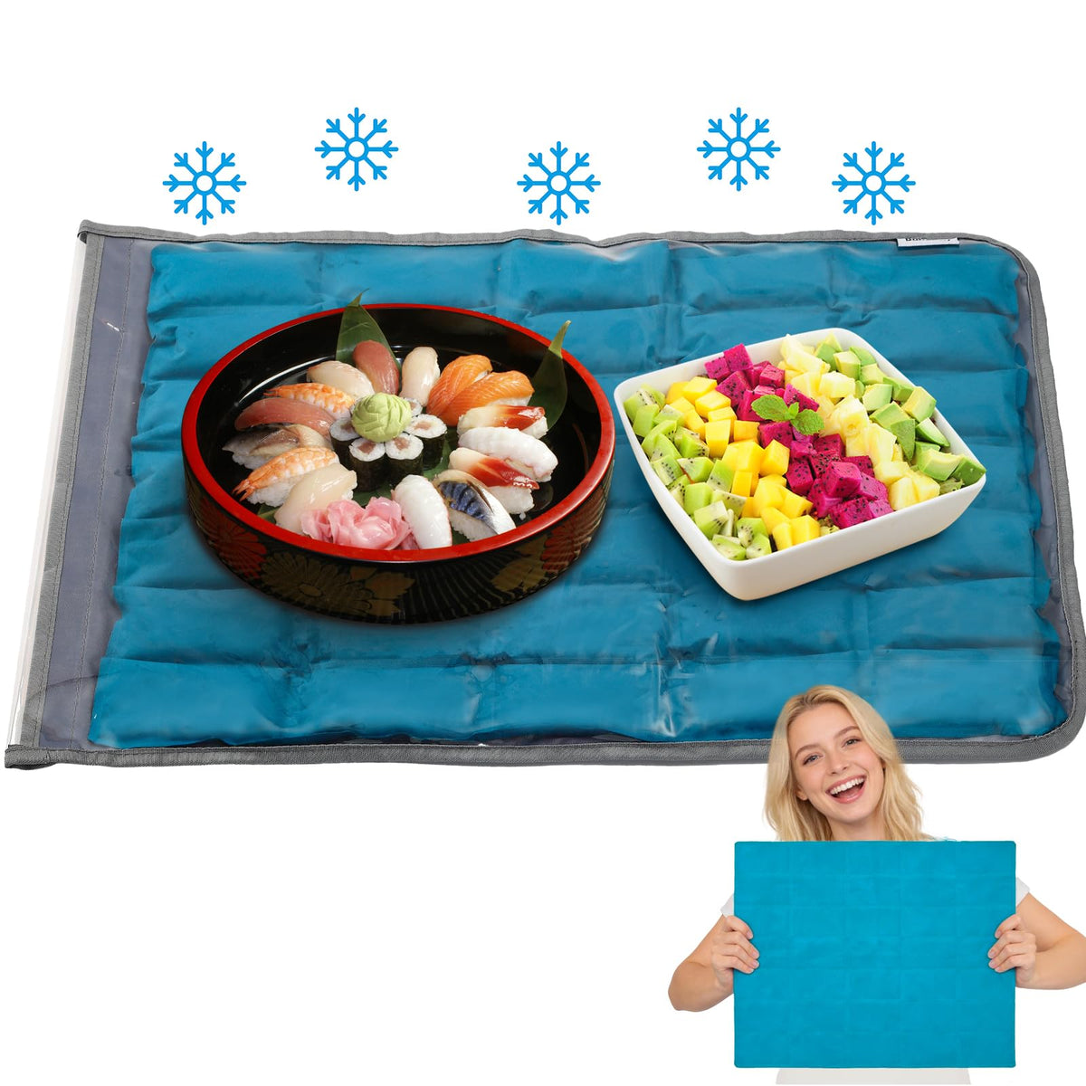 Babeezy Party Mat Chiller Foldable Reusable Cooling Mat with Sleeve, Extra-Large 45×35 cm(Soak-to-Activate) 35 Large Cells Tray Chiller for Charcuterie, Cheese, Shrimp, Sushi, Salads & Dips