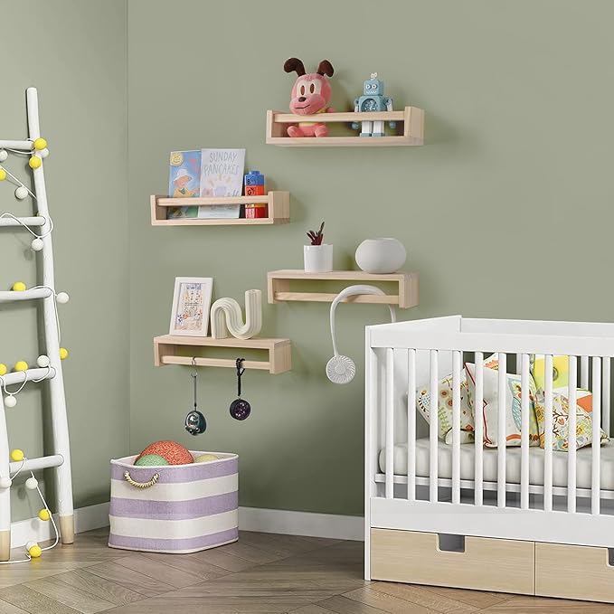 Nursery Room Shelves Set of 4, Wood Floating Book Shelves