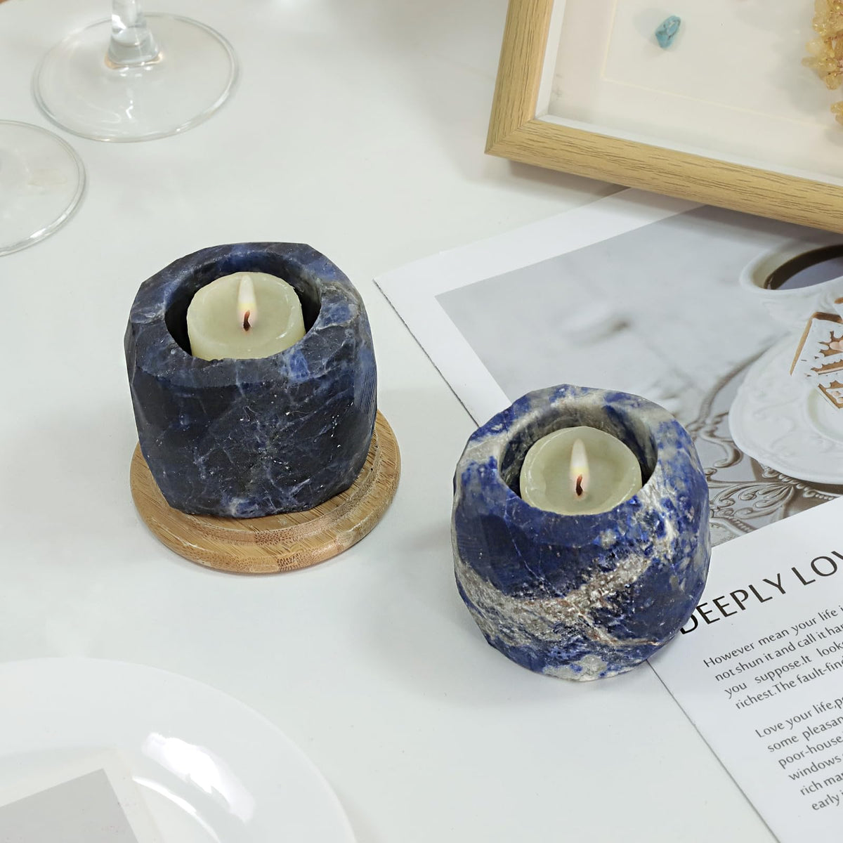 TUMBEELLUWA Sodalite Gemstone Tea Light Candle Holders for Table Centerpiece Wedding Party, Blue Decorative Crystal Votive Candle Holders for Christmas Thanksgiving