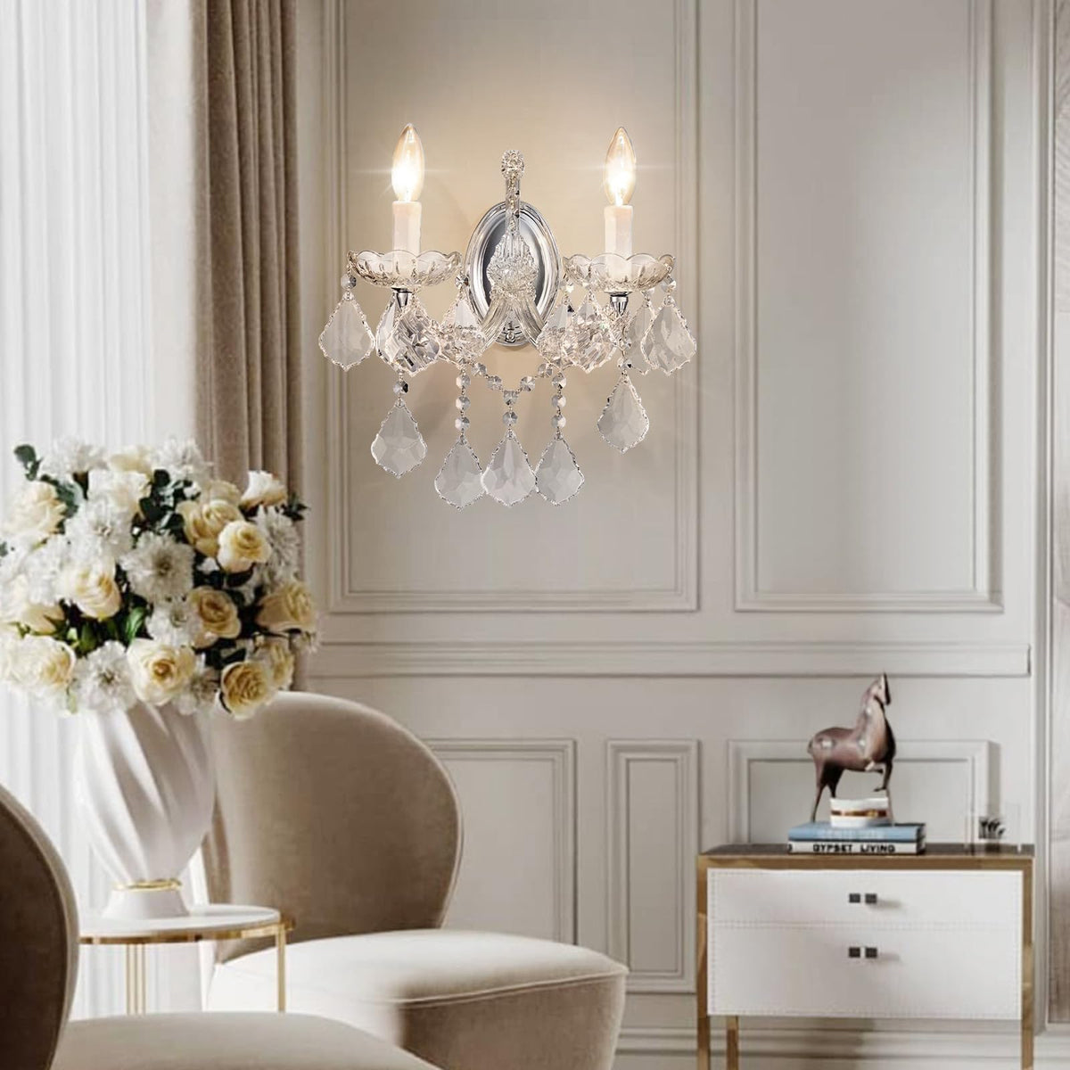 Crystal Wall Sconce Lighting, 2-Light Modern Crystal Wall Light Fixture Bathroom Maria Theresa Wall Lamp Light Fixtures Chrome Wall Sconce Light Wall Mounted Lamp for Living Room,Bedroom,Indoor