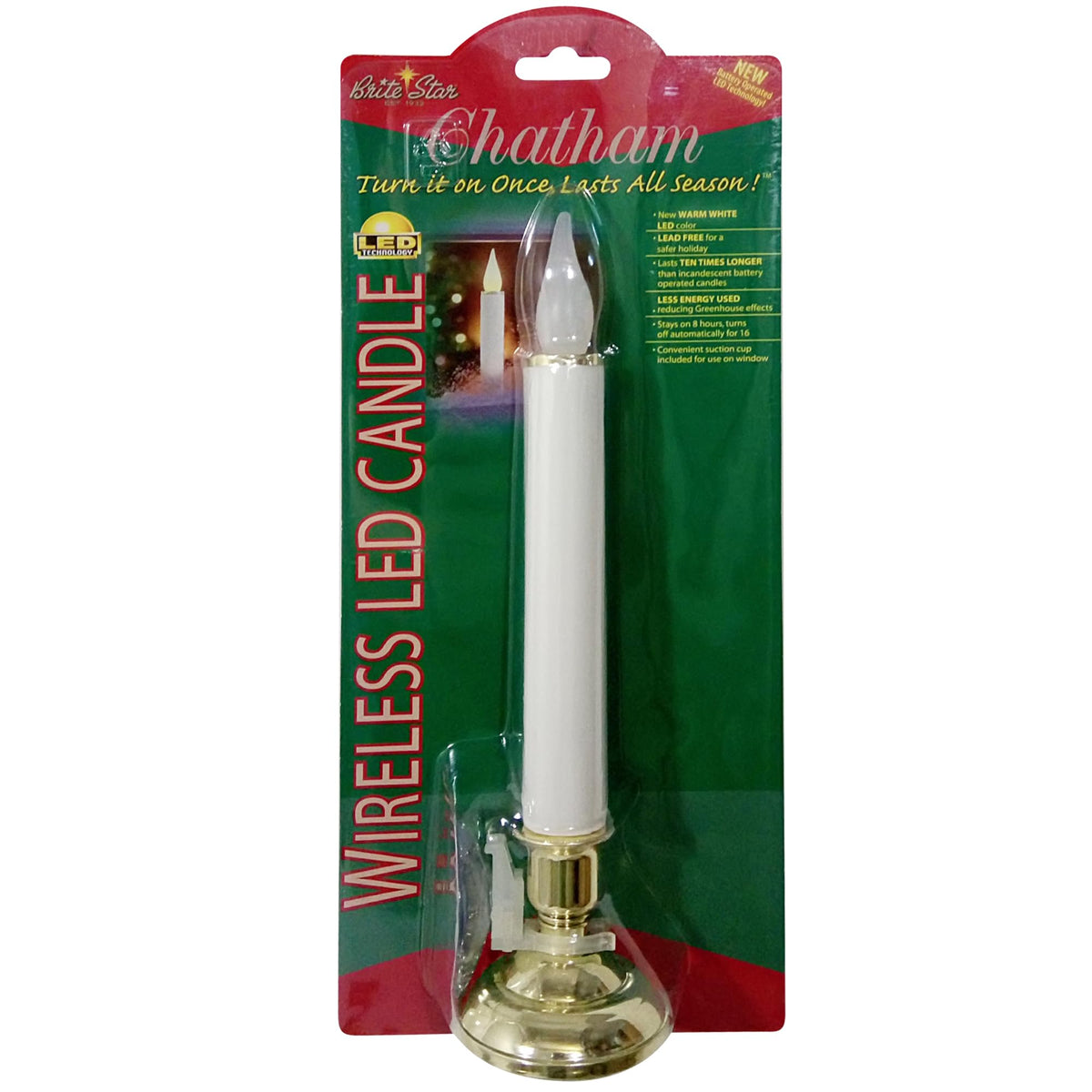 Brite Star Battery Operated 10-Inch LED Candles - Steady Burn Flameless Chatham Candles With Gold Base, Timer & Suction Cup - Perfect for Indoor Window, Outdoor Patio Home Decor- 2 Pack