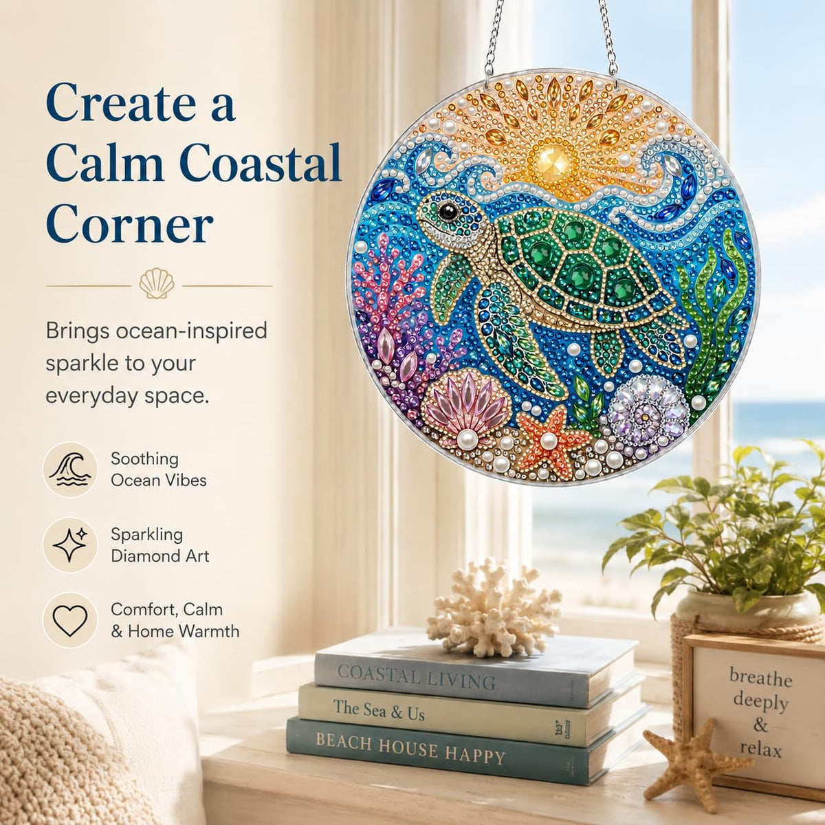 DIY Diamond Art Painting Wreath Kits，Special Shaped Rhinestone Hanging Ornament Diamond Art Window Pendants for Gift Home Garden Wall Hanging Kits,Double Sided (sea Turtle)