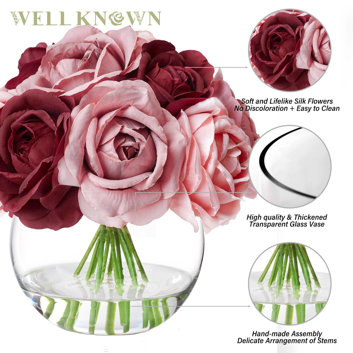 WELL KNOWN Silk Rose Artificial Flowers with Vase, Artificial Rose Flower Arrangement in Round Glass Vase with Faux Water for Home Dining Table Wedding Birthday Party Decor (Burgundy Red & Dusty Rose)