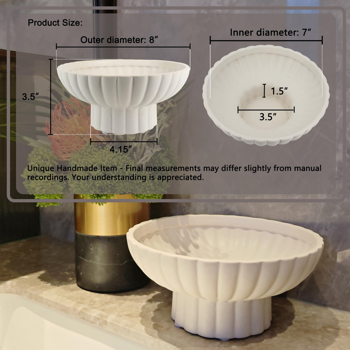 ALIWINER Small Modern Pedestal Decor Fruit Bowl 8" Ceramic,Approx 26 oz Fluted Catch-all Bowl,Footed Home Decorative Bowl for Home Decor,Coffee Table Centerpiece