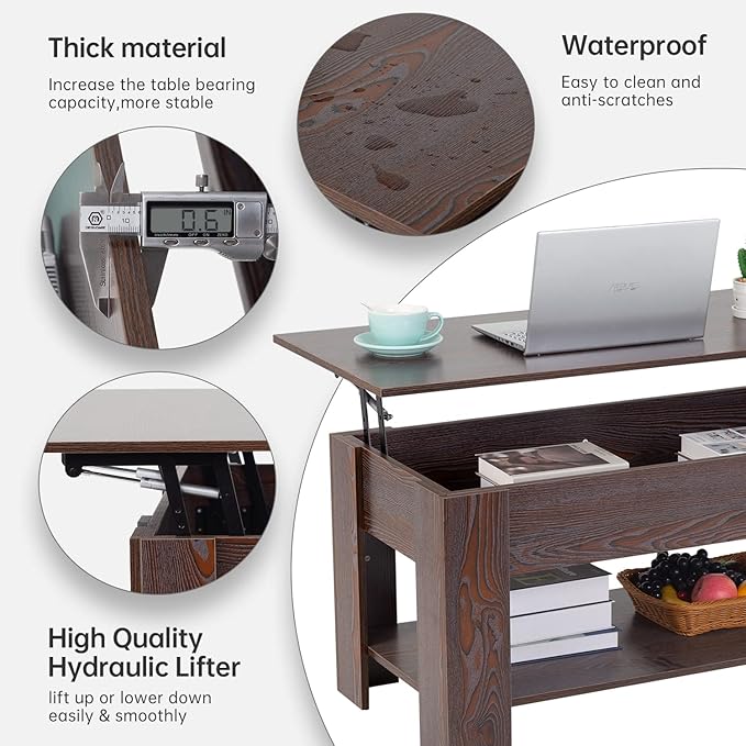 FDW Lift Top Coffee Table with Hidden Compartment and Storage Shelf Wooden Lift