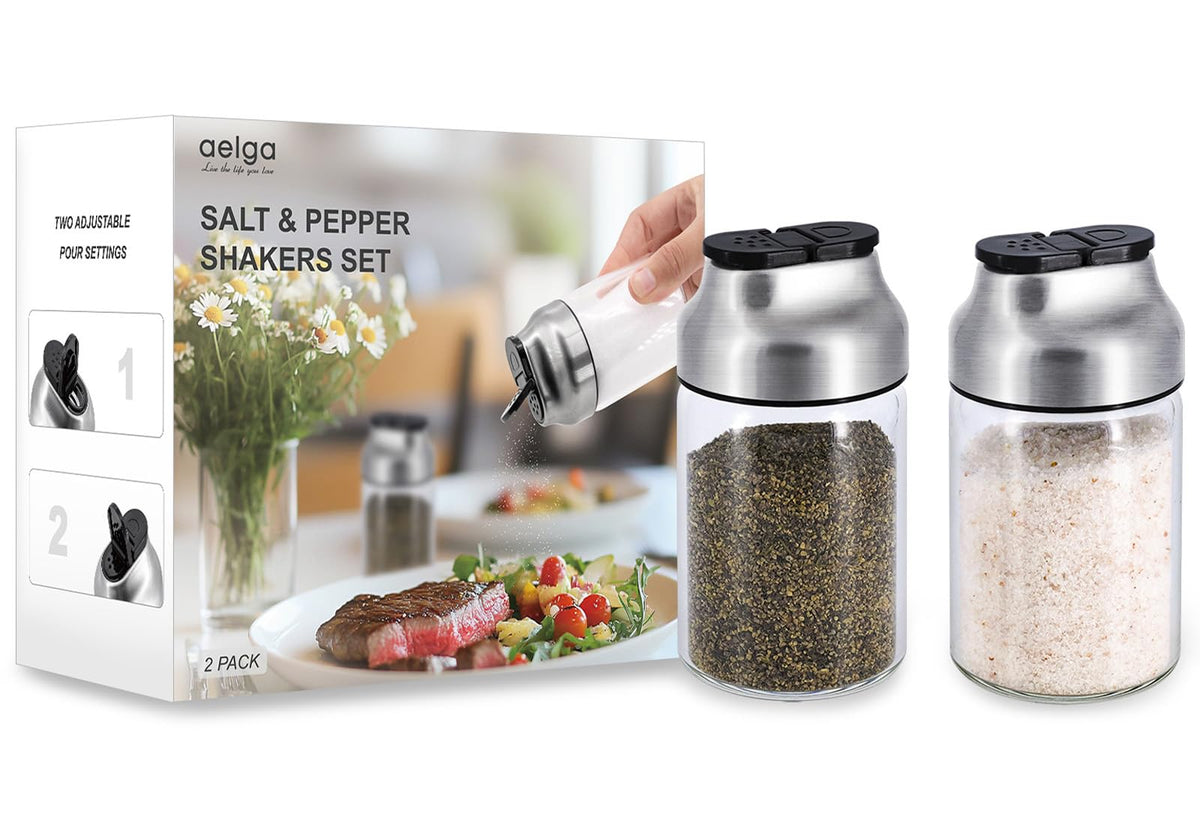 Aelga Glass Sugar Dispenser with Pour Spout + Salt and Pepper Shakers Set
