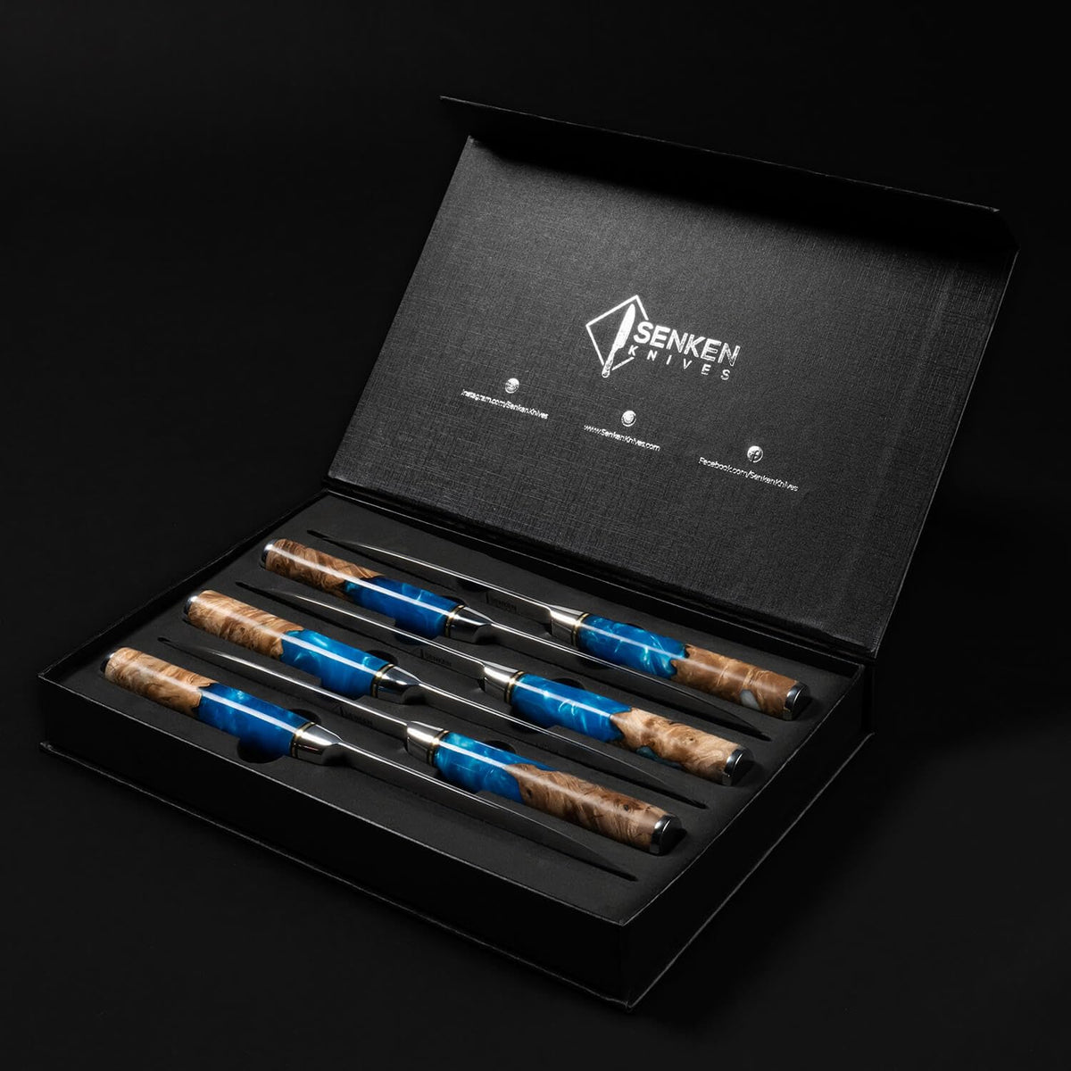 SENKEN Damascus Steak Knife Set - Tsunami Collection - 67-Layer Japanese VG10 Steel - Razor Sharp Non-Serrated Blades, Blue Resin & Natural Wood Pattern Handles, Luxury Gift Box (8 Steak Knife Set)