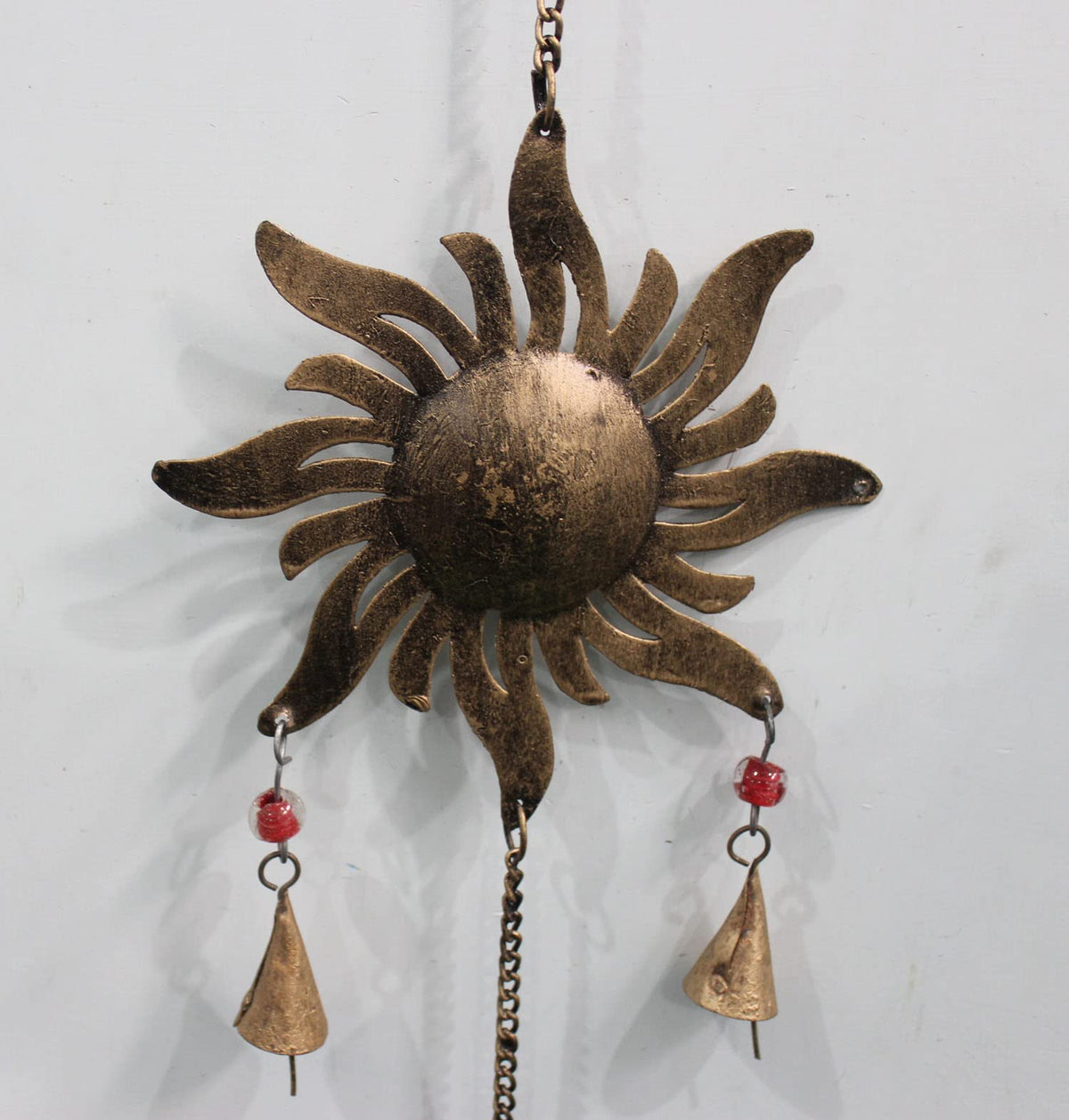 43 Inch Metal Sun Moon Star Wind Chime – Antique Bronze Celestial Wall Hanging with Bells – Handcrafted Boho Home & Garden Decor for Balcony, Patio, Porch, Entryway.