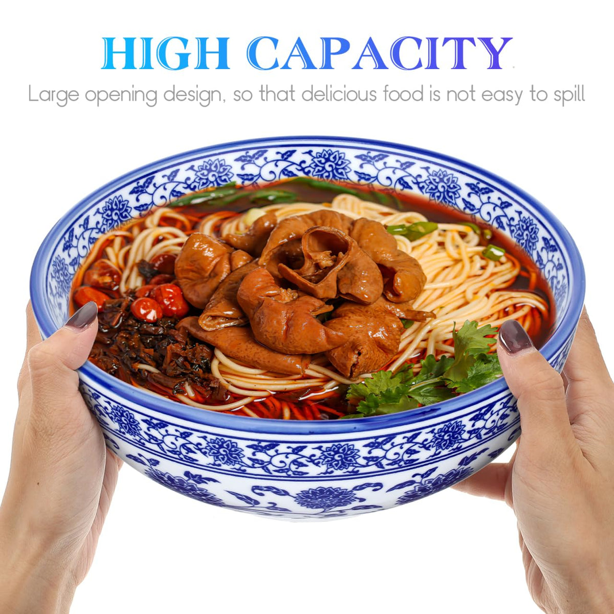 Luxshiny Blue White Porcelain Bowl, 8 Inch Chinese Ceramic Bowl Asian Serving Container for Salad Pasta Rice Porridge Fruits Udon Soba