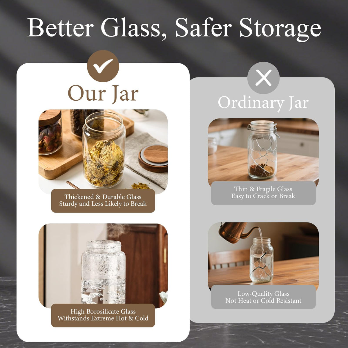 Glass Jars with Airtight Wood Lids - 17 oz Small Kitchen Pantry Storage Containers, Stackable Decorative Canisters for Chia Seed, Tea, Ground Coffee, Sugar, Spice, Salt, Matcha, Nuts, Q-Tip, Set of 2