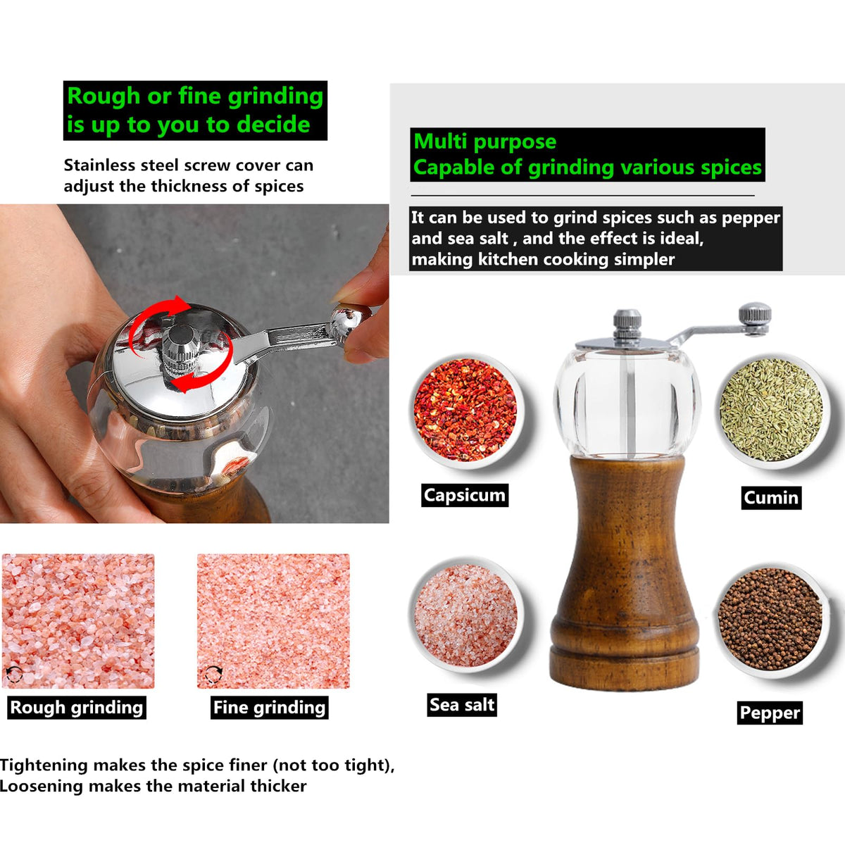 VEIZIBEE Pepper Mill Set Manual Pepper Mills Classical Hand Shake Wooden Pepper Grinder Set Salt Mills Wooden Pepper Mill Ceramic Blades Metal Handle, Enjoy Fresh Ground Pepper (Walnut color 2pcs-5in)