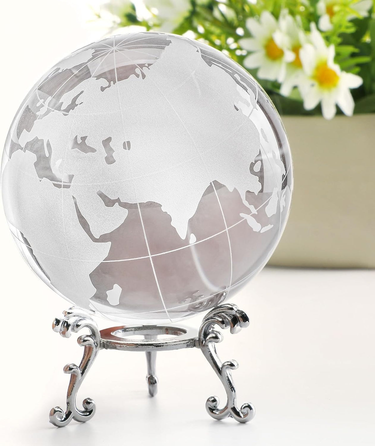 ZEERSHEE 80mm Crystal Earth Globe Ball with Stand World Map Glass Sphere Desk Office Home Decor Glass World Globe Paperweight