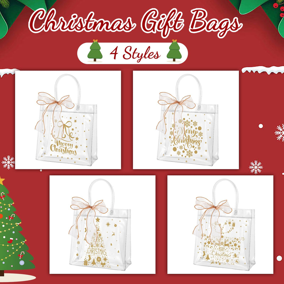Henoyso 24 Pcs Gold Christmas Clear Gift Bags Plastic Goodie Candy Treat Bag with Handles PVC Gift Wrap Totes with Ribbon for Xmas Party Favors (7.8 x 7.8 x 3.1)