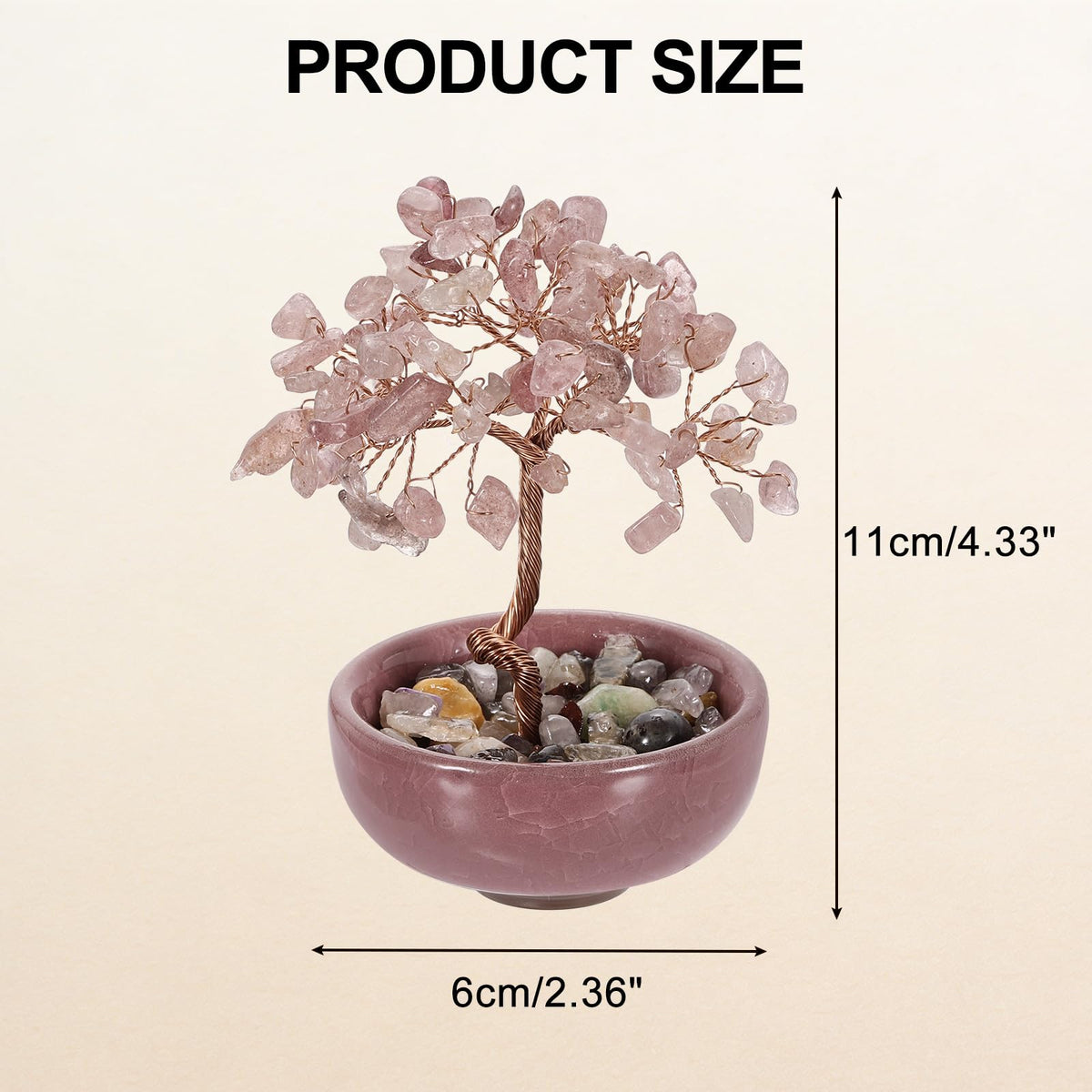 MECCANIXITY 7 Chakra Crystal Tree of Life, Natural Strawberry Crystal Gemstone Tree Handmade Feng Shui Bonsai with Agate Base for Positive Energy, Good Luck, Home Decor (4 x 2.4 Inch Pink)