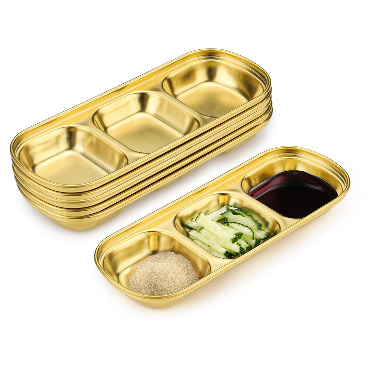 Sekonow Stainless Steel Soy Sauce Dish, 3 Grids Metal Dipping Bowls, Small Sauce Cups for Side Dishes Appetizer Dip Ingredient Prep Charcuterie, Gold Condiment Tray, 6 Pack