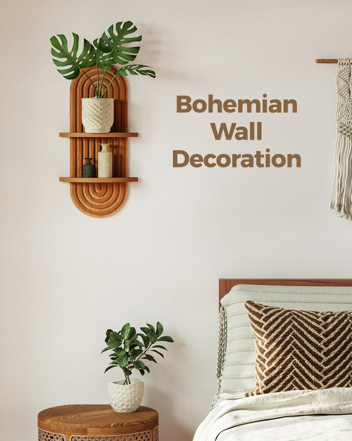Bamworld Boho Wall Decor Brown Plant Wall Shelf, Mid Century Modern Decor Hanging Plant Shelf, 2-Tier Wooden Floating Shelves for Home, Bathroom Bedroom Living Room, Office Holding Planter Decoration
