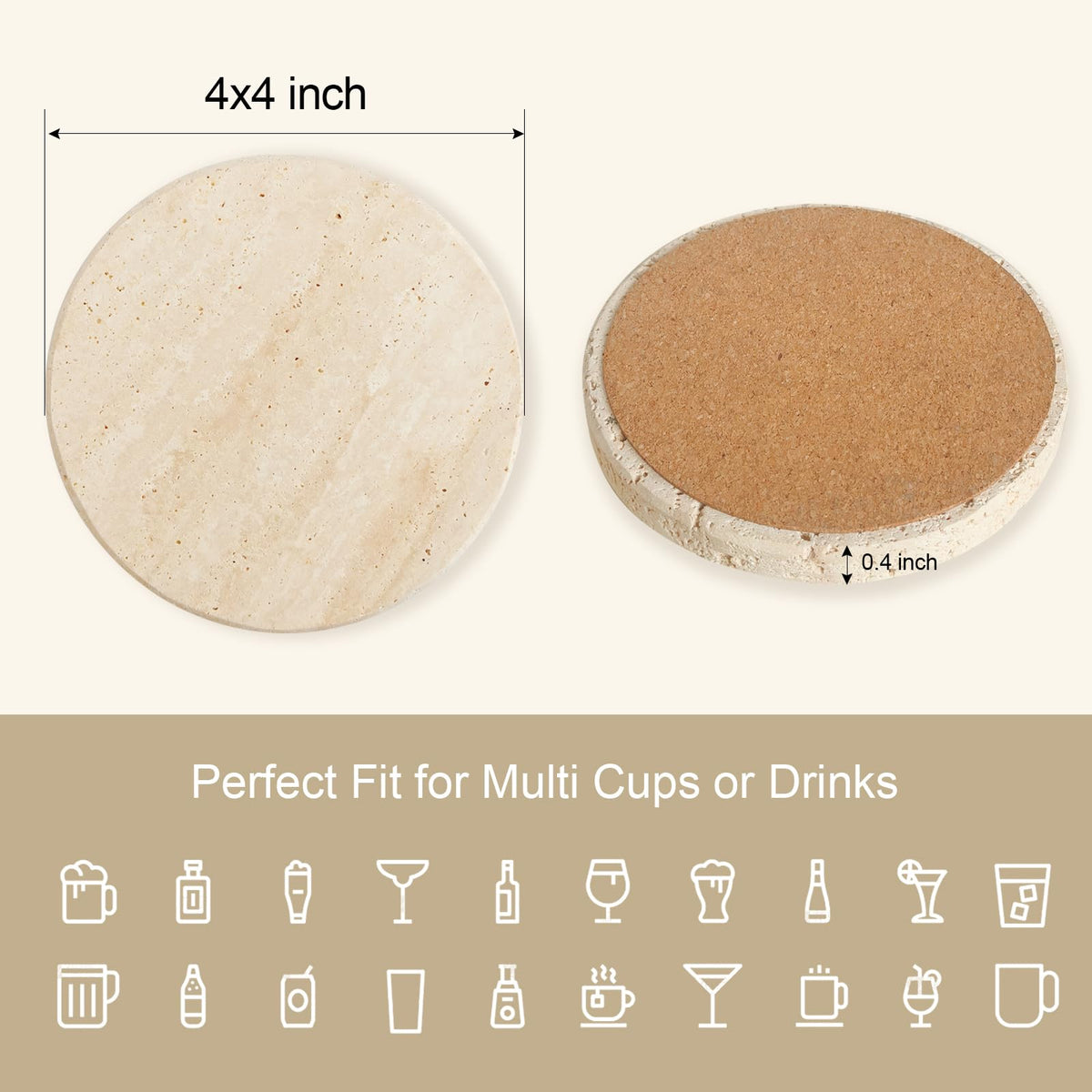 Dhfsleo Natural Travertine Marble Coasters Set of 6, Round 4 inch Stone Drink Coasters, Non-Slip Cork Backing, Festival Gifts, Wedding, Protect Tables from Stains & Scratches.