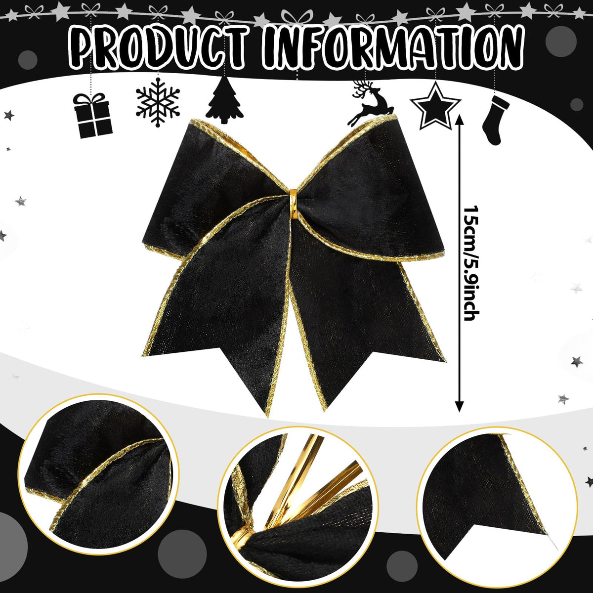 Panelee 12 Pcs Black Velvet Christmas Bows 6 x 6 in Wreath Bow Christmas Tree Decorations Ornaments for Hanukkah Xmas Tree Topper Wreath Garland Party Gift Wrapping DIY Decor