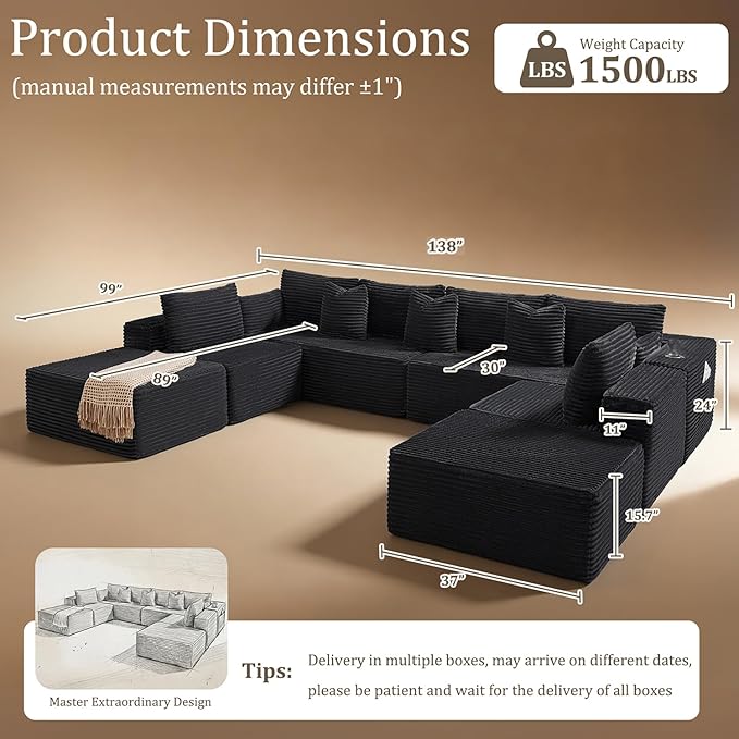 138" Cloud Sectional Couch, Comfort U Shaped Sofa