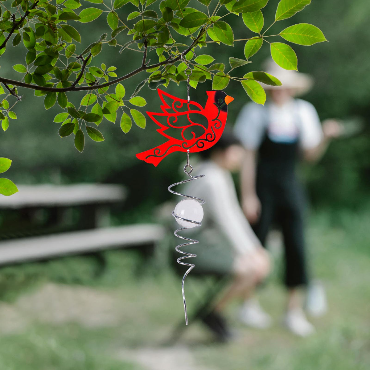 Topadorn Cardinal Wind Spinner with Crystal Glass Ball, 18" Metal Hanging Bird Spinner for Garden, Patio, Porch & Memorial Outdoor Decor
