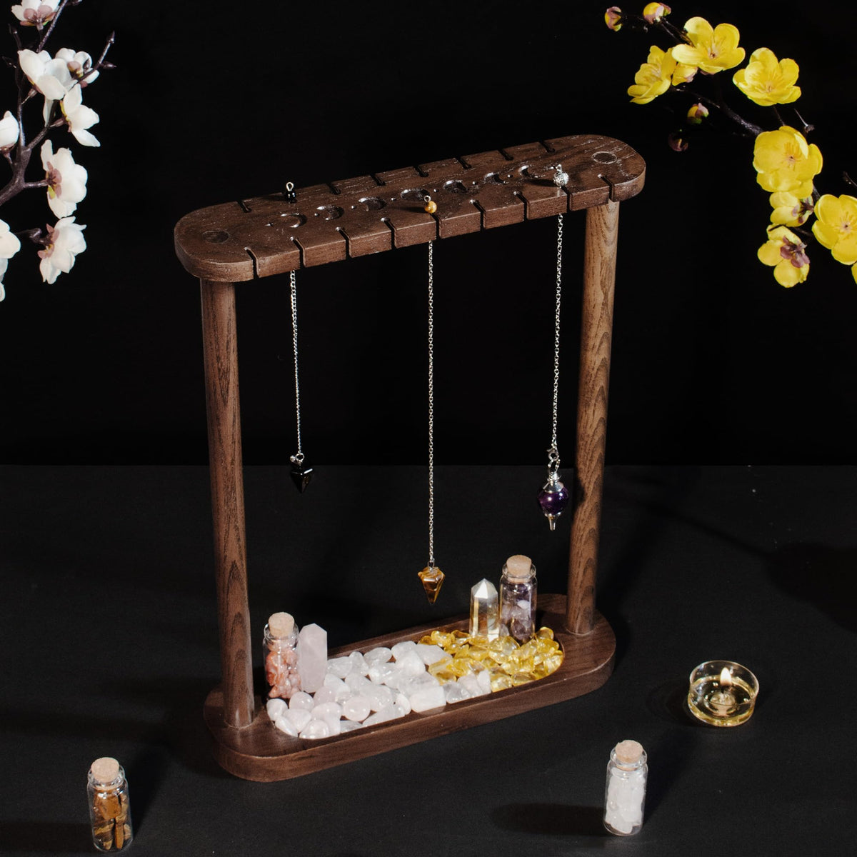 Kihomi Pendulum Display Stand with Tray - Wooden Necklace Stand, Crystal holder for 17 Pendulums and Pendants - Aesthetic Witchy Decor, Witchcraft and Wiccan Supplies for Your Spiritual Space (Brown)