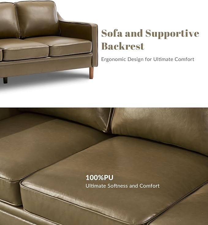 Kingfun 80" Faux Leather Sofa, 3 Seater Couch, Mid Century Modern Couches