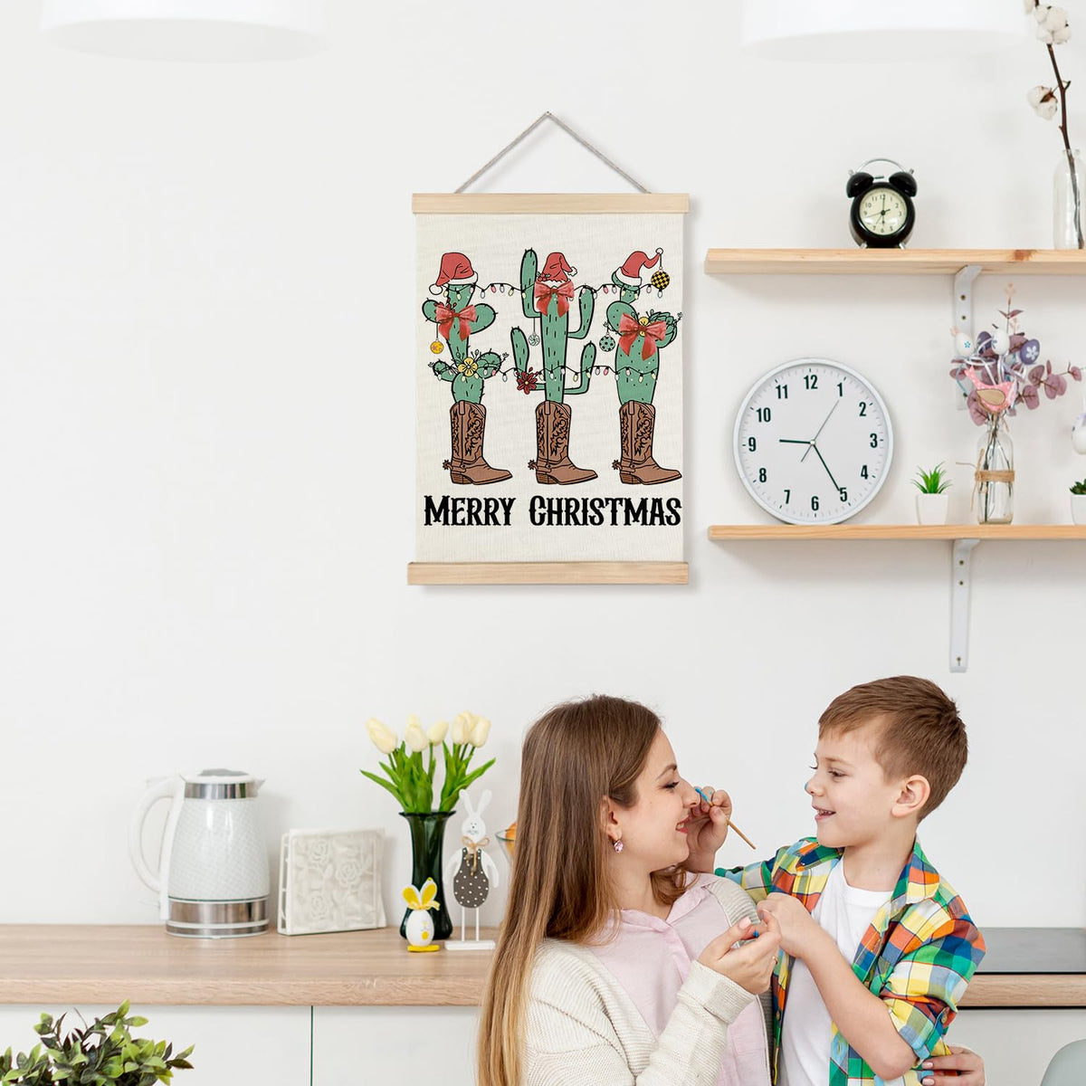 Western Christmas Wall Decor, Christmas Red Bow Cactus Cowboy Boots Wall Art With Wooden Poster Hanger, Christmas Wall Decoration, Western Christmas Wall Art Decor for Home Office, 12x16 Inch