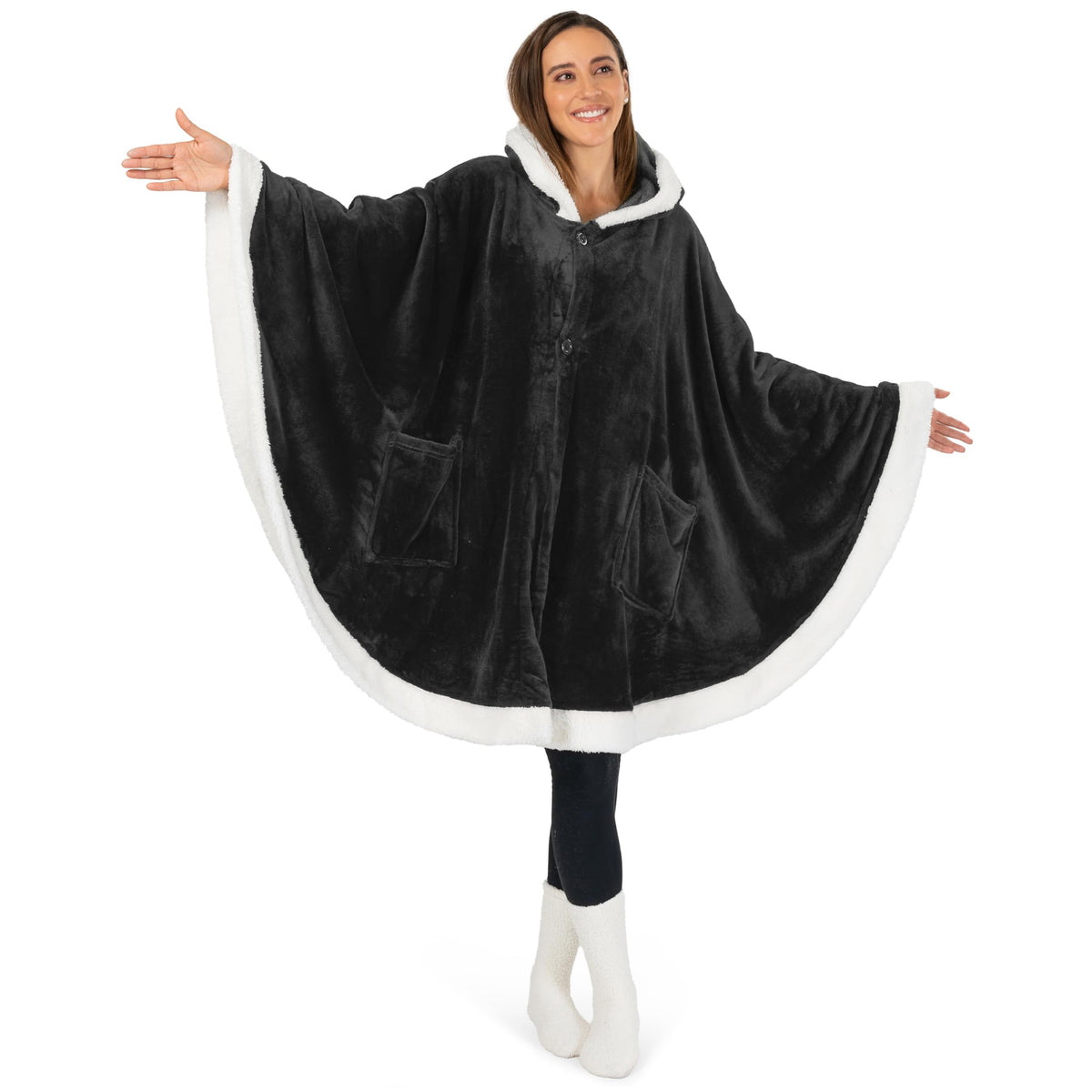 PAVILIA Hooded Blanket Poncho, Women Sherpa Fleece Shawl Wrap with Hood, Wearable Blanket Cozy Warm Poncho Cape Throw with Pockets, Gift for Elderly Mom, Black