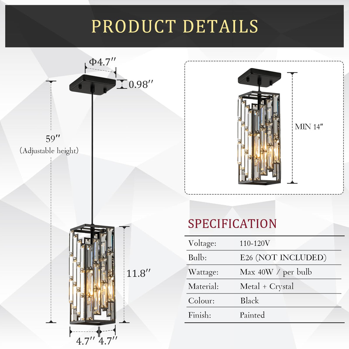 CATINER Black Crystal Pendant Light, Mini Hanging Light Fixture with Adjustable Cord, Modern Industrial Pendant Lighting for Kitchen Island, Dining Room, Bedroom, Hallway, E26 Base (1 Pack)