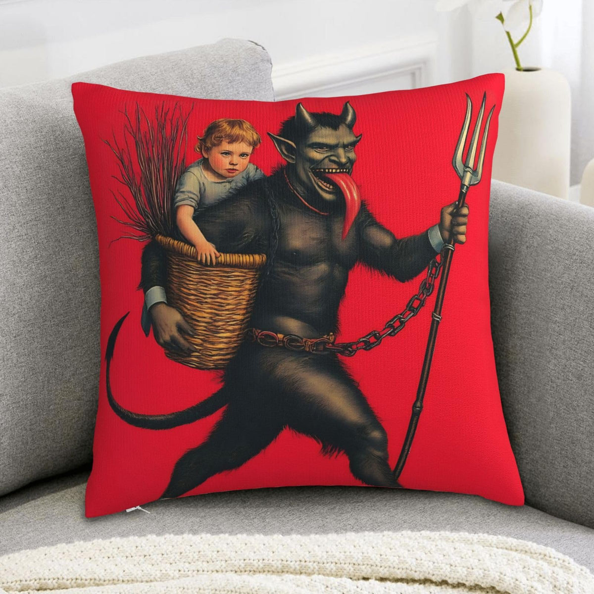 Yaateeh Krampus Christmas Folklore Red Throw Pillow Covers Decorative 18x18 Inch Pillowcase Square Cushion Cases for Home Sofa Bedroom Livingroom