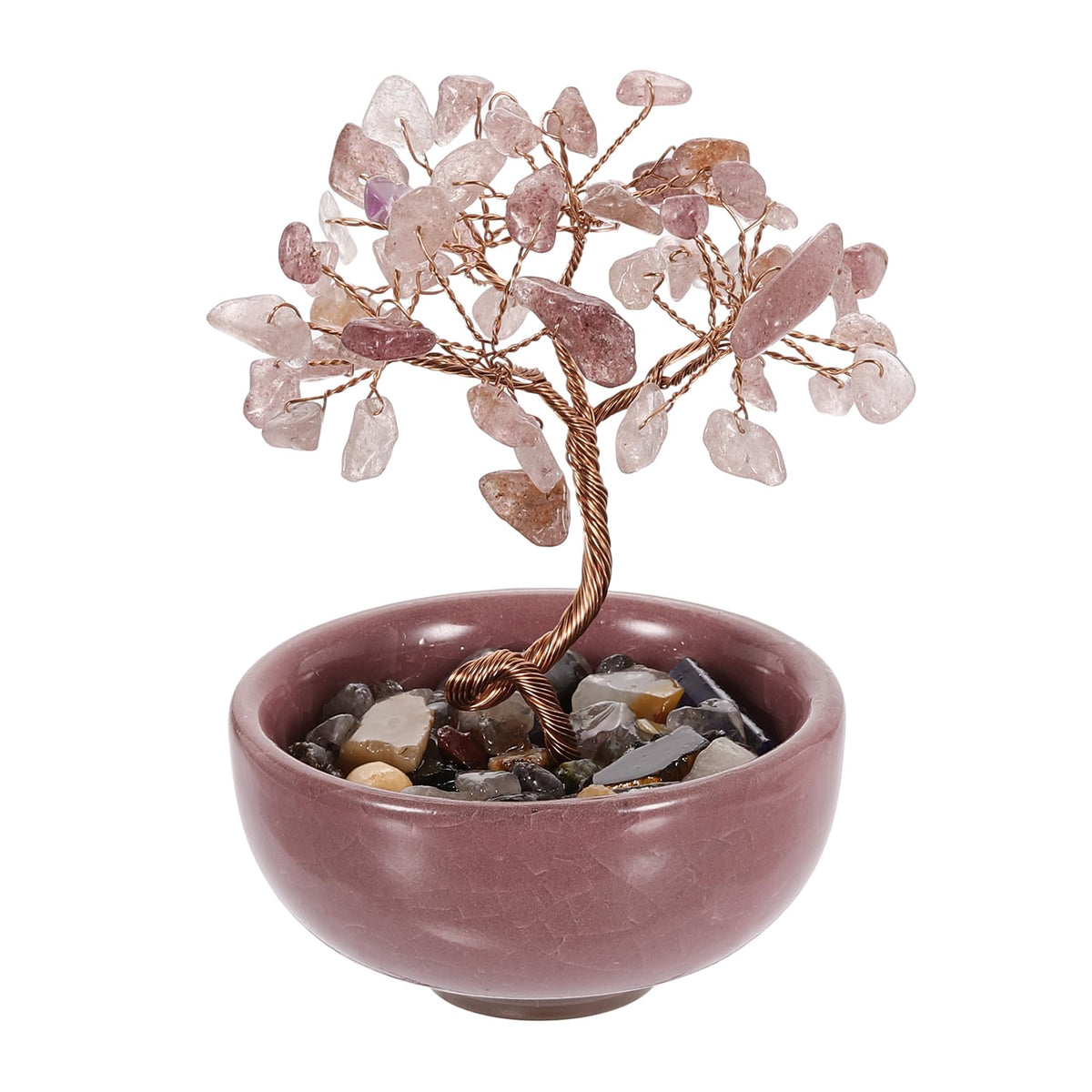 MECCANIXITY 7 Chakra Crystal Tree of Life, Natural Strawberry Crystal Gemstone Tree Handmade Feng Shui Bonsai with Agate Base for Positive Energy, Luck, Home Office Decor (4x2.4Inch Pink)
