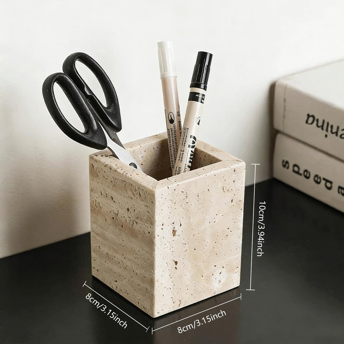 Beige Travertine Natural Marble Toothbrush Holders for Bathroom, Marble Makeup Brush Holder, Pen Pot, Countertop Organizer Barrel Storage Box