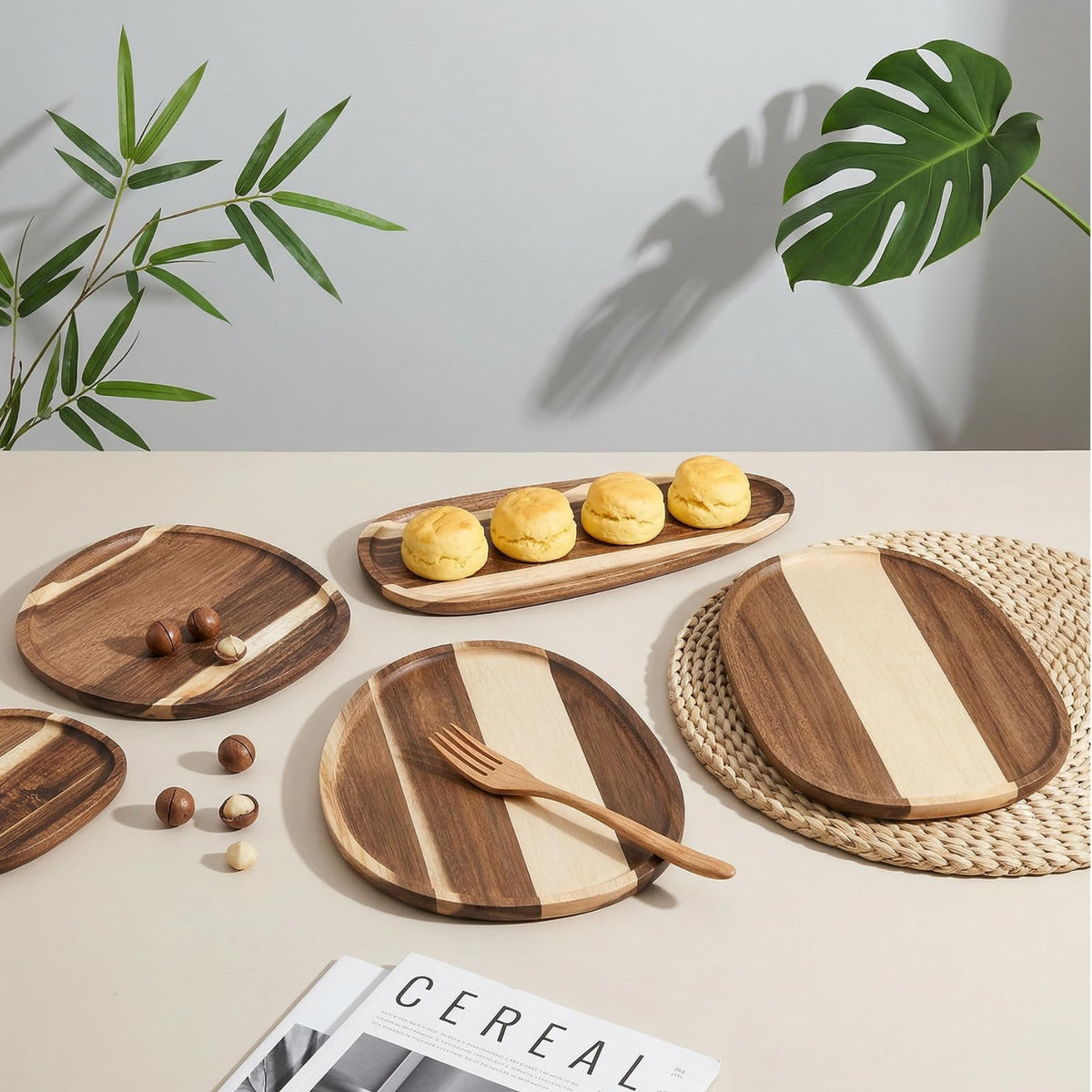 Okllen Set of 5 Small Acacia Wood Serving Platter and Trays, Irregular Oval Solid Wood Plates Serving Tray, Lightweight Wood Dinner Plates for Breakfast, Coffee, Tea, Snack, 6.3~11.7" L, 5.1~8.2" W