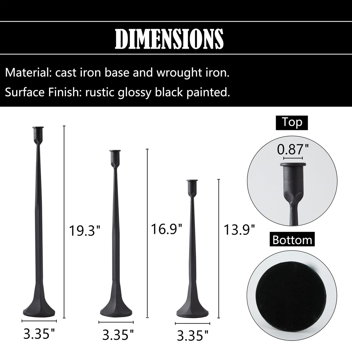 Denique Iron Taper Candle Holder Set of 3, Black Candlestick Holders 19.3”17” 14” Heightening Decorative Candle Stand Set for Wedding, Dining Table, Home Decoration (Black)